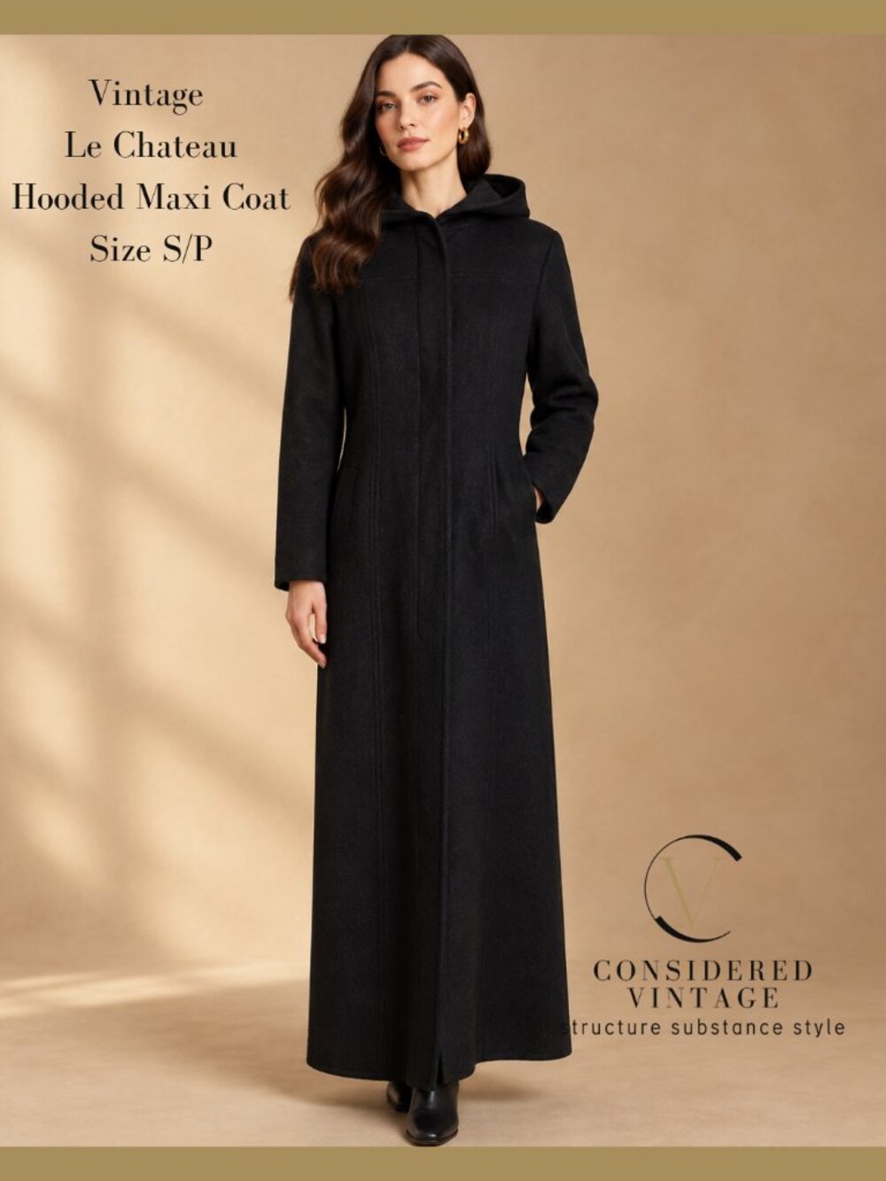 ✨Vintage Le Chateau Black Wool Hooded Maxi Coat Made in Canada S/P✨